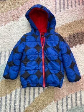 Marimekko Blue & Black Kids Puffer Jacket with Red Lining 5T